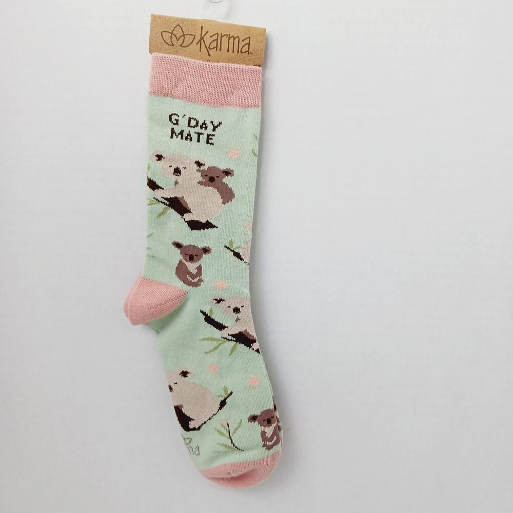 Women Boy Sock Crew Karma Good Day Mate Koala Cotton Gift Eucalyptus NWT NEW